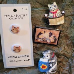 Cute Cat Items! Beatrix Potter Buttons ~ Button Covers ~ J. Akison Pin ~ Meow!